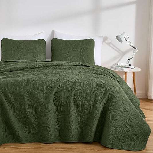 Chezmoi Collection Austin Queen Oversized Bedspread Set, 3-Piece Pinsonic Quilted Lightweight Microfiber Bedspread Coverlet, Olive Green | Oversized, Lightweight, Fade Resistant