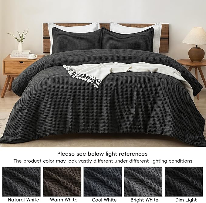 PHF Ultra Soft Waffle Weave Comforter Set Queen Size, 3 Pieces Lightweight Breathable Comfy Bedding Set, Comfy Textured 1 Comforter with 2 Pillow Shams, Black