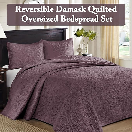Madison Park Quebec Reversible Damask Design, Double Sided Quilting All Season, Lightweight Coverlet Bedspread Bedding Set, Matching Shams, Queen(102"x118"), Purple