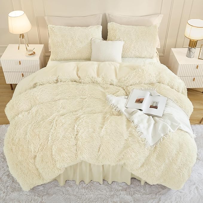 Andency Faux Fur Beige Comforter Set Queen Size, 3 Pieces Fluffy Fuzzy Plush Bedding Comforter Set (1 Shaggy Velvet Comforter & 2 Pillowcases), Soft Puffy Comfy Down Alternative Comforter Bedding Set