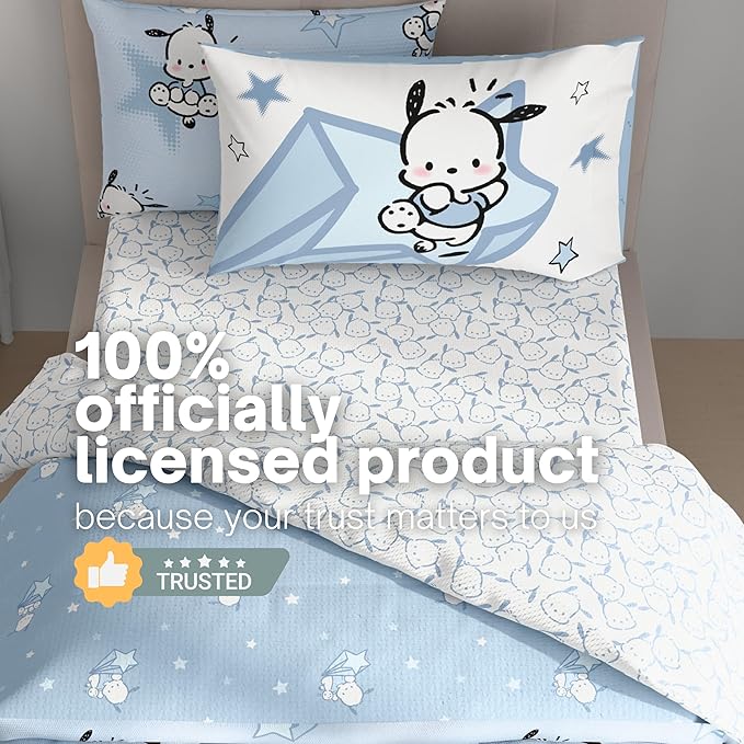 Sanrio Pochacco Bedding 5 Piece Super Soft Cozy Reversible Comforter and Sheet Set with Sham, Twin, (Officially Licensed Product) By Franco
