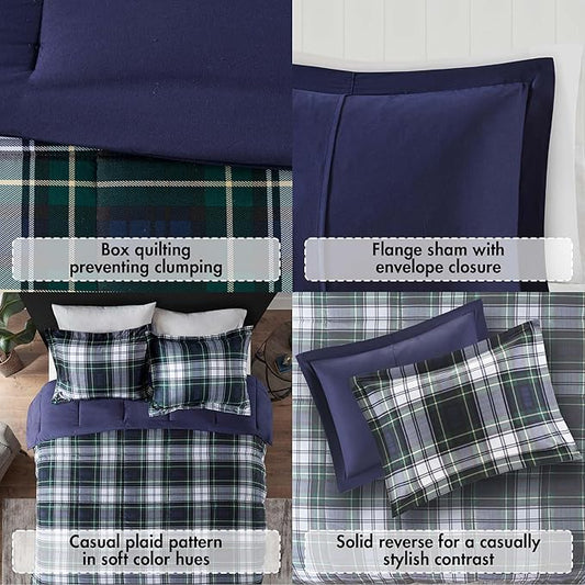 Madison Park Essentials Parkston Plaid Comforter, Matching Sham, 3M Scotchguard Stain Release Cover, Hypoallergenic All Season Bedding-Set, Twin/TwinXL, Navy, 2 Piece