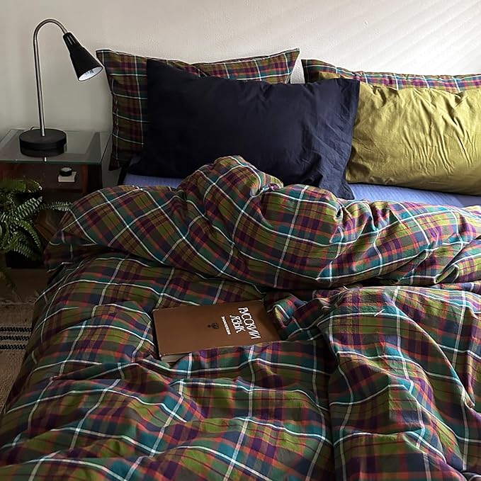 mixinni Vintage Multicolor Gingham Comforter Set Queen Size - 100% Washed Cotton 3-Piece Retro Plaid Pattern Bedding Set (1 Comforter + 2 Pillowcases), All-Season Lightweight & Breathable