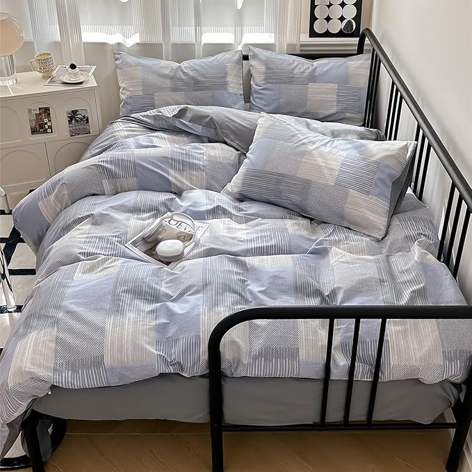 HighBuy Blue Grey Comforter Set King Size Gingham Pattern Grid Checkered Patchwork Comforter Set 3 Pieces Buffalo Plaid Comforter Bedding Set with Checkered Pillowcases Fluffy Home Decor