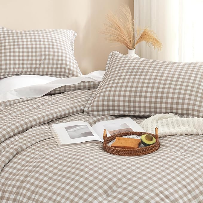 Andency Tan Gingham Comforter Set Twin(66x90Inch), Brown Checkered Grid Plaid Buffalo Bed Set for Girls Boys Kids Teens, 2 Pieces Lightweight Polyester Geometric Preppy Bedding