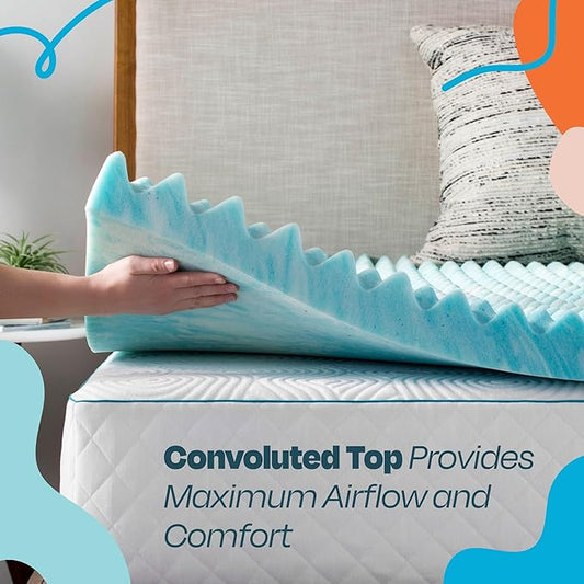 Linenspa 2 Inch Gel Memory Foam Mattress Topper – Egg Crate Style, Reversible for two feels – Promotes Airflow & Relieves Pressure Points – Queen