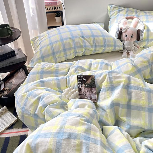 EAVD Buffalo Plaid Duvet Cover Twin Soft Washed Cotton Bedding Set Yellow Blue Grid Checkered Bedding Set with 2 Pillowcases Vintage Style Gingham Duvet Cover with Zipper Closure