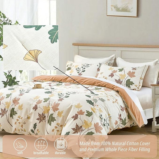 Botanical Cotton Comforter King Size - Luxurious Design with Maple Leaves and Branches on Beige, Textured Maple Orange Back, 3PC Lightweight Bedding Set with Ultra-Soft Alternative Fill