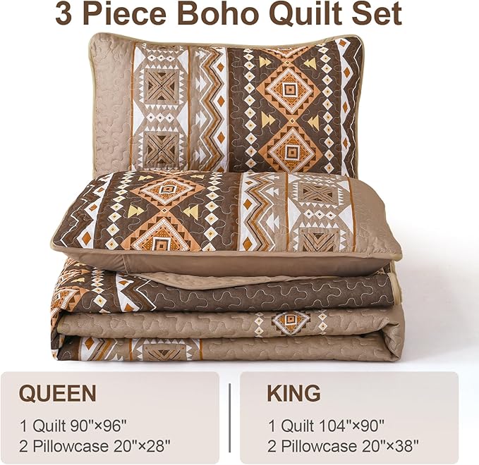 WONGS BEDDING Boho Quilt Set Queen Size,3 Pieces Brown Geometry Printed Bedspread Coverlet Set,Lightweight Microfiber Bedding Set with 2 Pillowcases,96"×90"