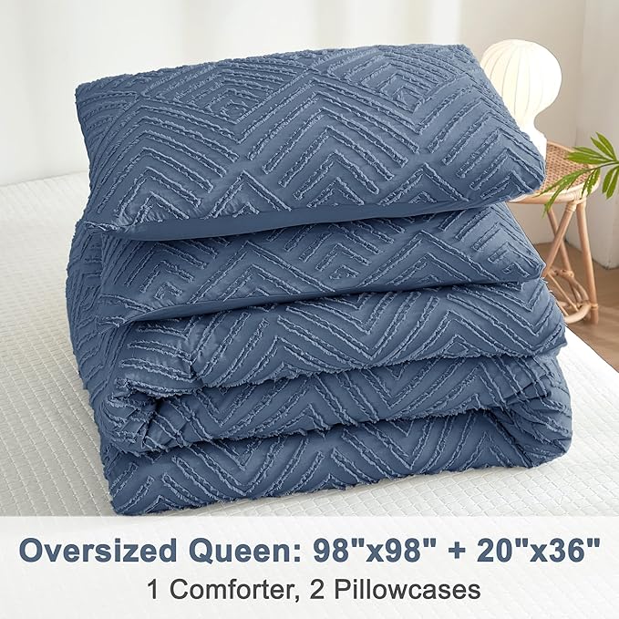 Litanika Oversized Queen Comforter Ocean Blue, 3 Pieces Tufted Boho Farmhouse Bedding Comforter Set, Lightweight Fluffy All Season Comforter Set (98x98In Comforter & 2 Pillowcases)