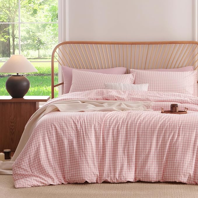Nayoroom Gingham Comforter Set Full Size Pink Plaid Checkered Dorm Bedding Set Girls 3 Pieces Soft Lightweight Farmhouse Grid Comforter for All Seasons (1 Comforter, 2 Pillowcases)
