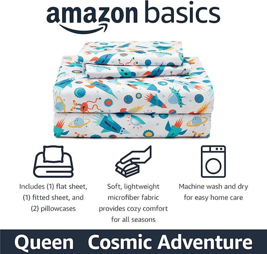 Amazon Basics Kid's Soft Easy-Wash Microfiber 4-Piece Sheet Set with Pillowcase, Queen, Cosmic Adventure