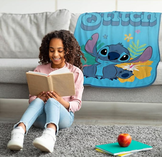 Jay Franco Kids Plush Throw Blanket – Soft & Cozy Fleece Throw for Bedroom & Couch Décor, Official Licensed Product, Blue - Stitch, 40x50 - Travel Blanket