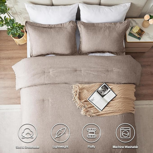 CozyLux Queen Comforter Set, 3 Pieces Khaki Soft Luxury Cationic Dyeing Comforters Queen Size Bedding Sets, Breathable Lightweight Fluffy Bed Set with 1 Down Alternative Comforter and 2 Pillow Shams