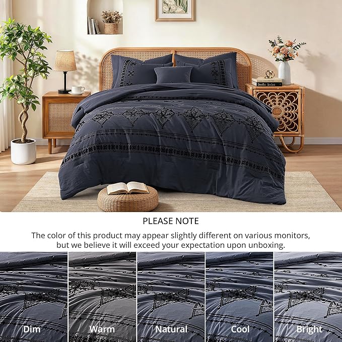 MaiRêve Queen Size Comforter Set Crown Blue, Embroidery Floral Western Boho Bedding Set, All Season 7 Pieces Bed in a Bag with Sheets, Pillowcases & Shams