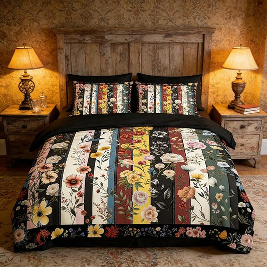 Vintage Black Floral Comforter Set Full for Girls, 3Pcs Stripe Patchwork Bedding Set for Women, Farmhouse Country Botanical Floral Quilted Comforter with 2 Pillowcases, 79"x90"
