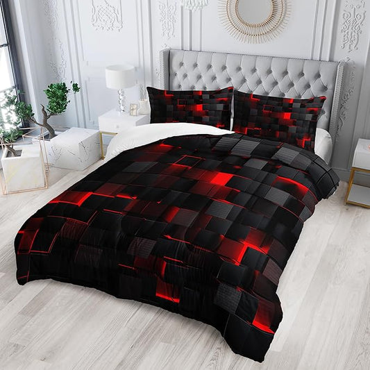 red and Black Queen Size Comforter Set,red and Black Room Decor for Bedroom for Women,Queen Quilt Bedding Set Geometry