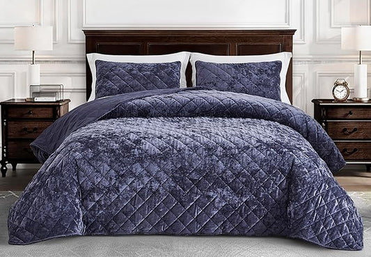 Chezmoi Collection Lux Purple Velvet Quilt Queen Set, 3-Piece Plush Distressed Velvet Bedding All Season Lightweight Comforter Brushed Microfiber Reverse with Diamond Stitch Quilting