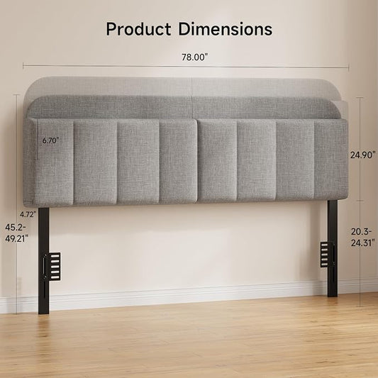 Headboard for King/California King Size Bed, Upholstered Bed HeadBoard with Storage, Linen Fabric Head Board with Vertical Channel Design, Height Adjustable, Easy to Assemble, Light Grey