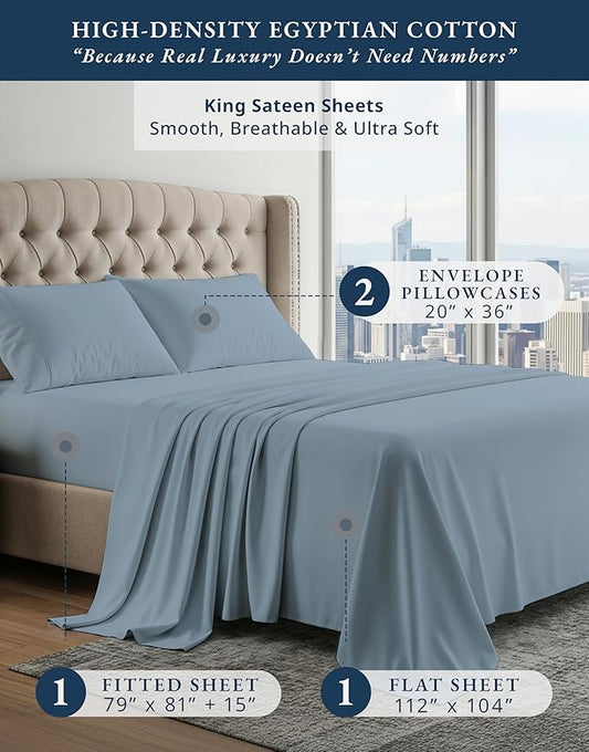 100% Egyptian Cotton King Size Sheets- Naturally Breathable & Durable Winter Comfort, Ultra-Soft Hotel Comfort with 15" Deep Pocket King Sheet Set, Silky Sateen Weave Luxury You Can Feel- French Blue