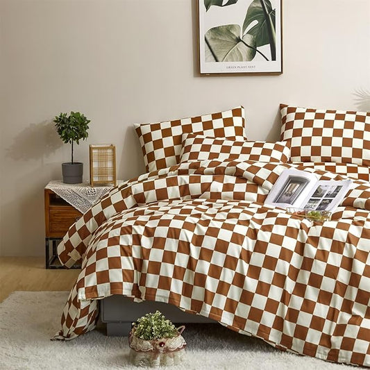 Houseri Pumpkin White Comforter Set Queen Size Elegant Caramel Brown Bedding Quilts Checkerboard Comforter Russet Brown Grid Bed Comfy
