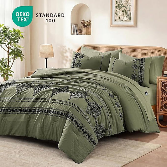 MaiRêve Full Size Comforter Set Olive Green, Embroidery Floral Western Boho Bedding Set, All Season 7 Pieces Bed in a Bag with Sheets, Pillowcases & Shams