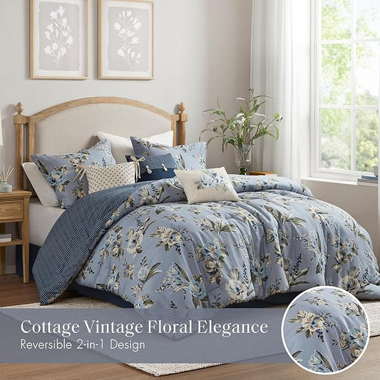 Madison Park Queen Comforter Set Vintage Floral Reversible Comforters Queen Size Bed, All Season, Down Alternative Bedding Queen Size Comforter, Bedskirt, Pillows, Shams, Salara, Queen Blue 7 Piece