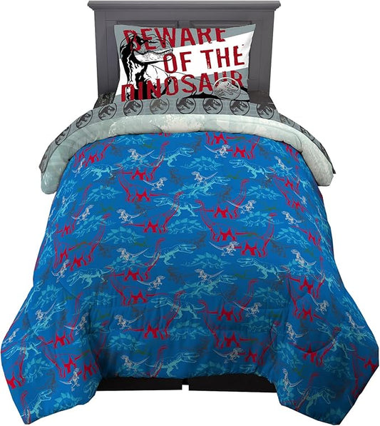 Jurassic World Dominion Blue Velociraptor and Rexy T-Rex Super Soft Microfiber Reversible Comforter, Twin Size, Bedding by Franco Kids