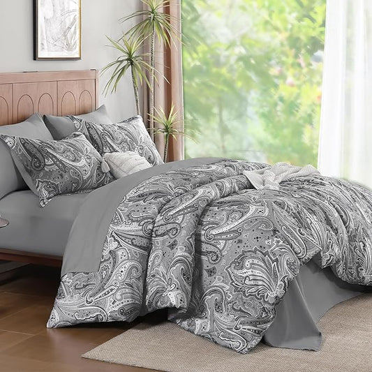 DJY Grey Paisley Comforter Set Queen, 7 Piece Boho Paisley Dark Gray Bed in a Bag Comforter Set, Soft Microfiber Complete Bedding Set for All Season (90''x90)
