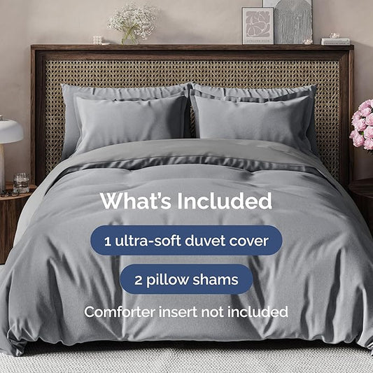 Duvet Cover Queen Size Set - Extra Soft Queen Duvet Cover 90" x 90" with 2 Pillow Shams - Hotel Luxury, Easy Care & Fade Free with Zipper Closures & Ties - Comfy, Cozy & Breathable (Heathered Grey)