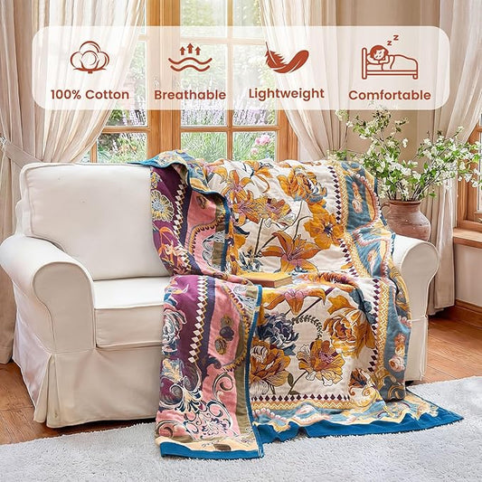 MSGKV Boho Throw Blanket 50"x60" Couch Floral 100% Cotton Blanket Spring Breathable Lightweight Blankets for Sofa All Seasons Home Decor Muslin