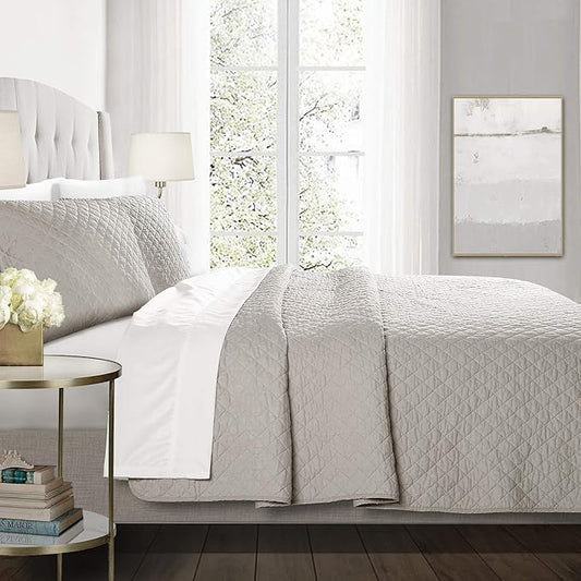 Lush Decor Ava Quilt Diamond Pattern Solid 3 Piece Oversized Bedding Blanket Bedspread Set - Full/Queen - Gray