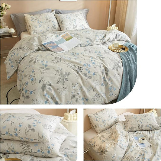 VM VOUGEMARKET Gray Blue Floral Duvet Cover Set King,Vintage Garden Style Botanical Bedding Set,100% Cotton Comforter Cover for Girls And Boys Women