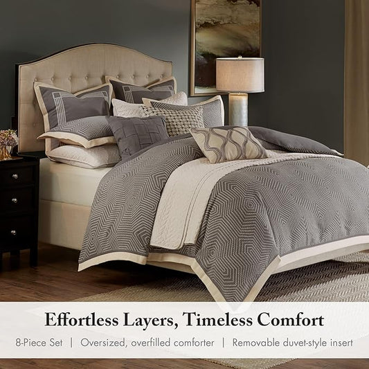 Madison Park Signature Cozy Comforter Set - All Season Bedding Combo Filled Insert and Removable Duvet Cover, Shams, Decorative Pillows, Queen (92 in x 96 in), Geometric Grey 9 Piece