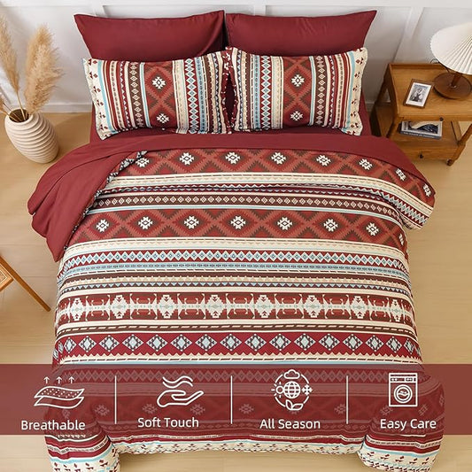 Dinjoy Boho King Size Bed in a Bag 7 Pieces,Red Comforter Set Aztec Striped Fall Bedding Set Bohemian Complete Set with Sheet Fluffy Geometric Burgundy Comforters for Women Men 90"×104"