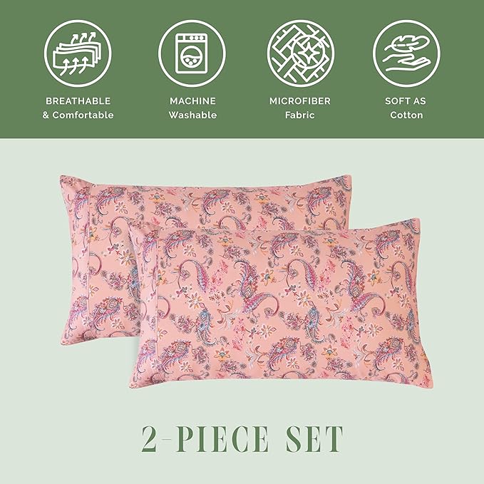 Elegant Comfort Ultra Soft Set of 2 Floral Print Pillowcases - 1500 Premium Hotel Quality Microfiber, Soft and Smooth Envelope Closure 2-Piece Pillow Covers - Standard/Queen, Paisley Coral