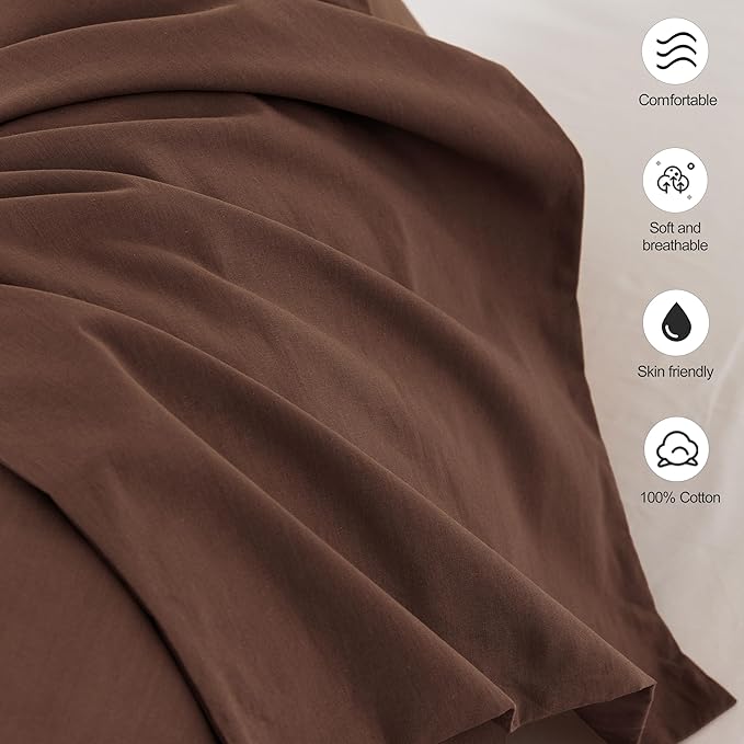 MooMee Bedding Pillowcases Pack of 2 100% Washed Cotton Linen Like Textured Breathable Durable Soft Comfy (Solid Cocoa Brown, King)