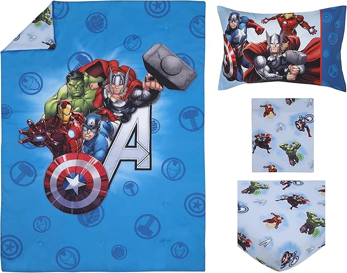 Disney Marvel Avengers Fight The Foes Blue, Red, Green Hulk, Iron Man, Thor, Captain America 4 Piece Toddler Bed Set - Comforter, Fitted Bottom Sheet, Flat Top Sheet, and Reversible Pillowcase