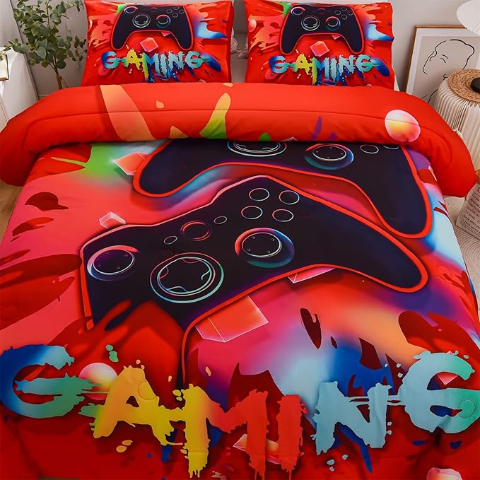 Aimuan Gaming Comforter Sets for Boys Kids Bedding Sets Video Games Console Action Buttons Novelty Colorful Game Gamepad Controller Modern Gamer Room Decor Home Quilt Set (Queen, Red)
