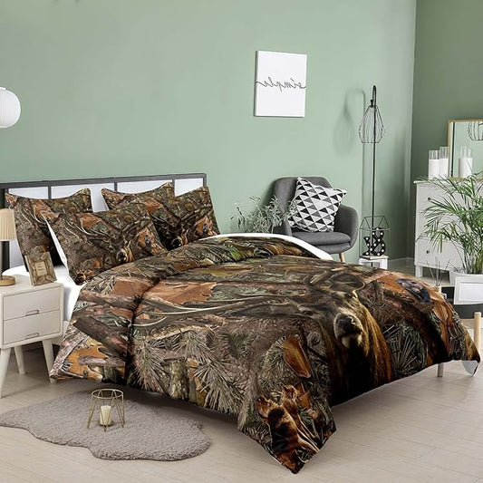 NINENINE Camo Comforter Set, Queen Size Bedding Set for Boys, Hunting Bed Set With 1 Comforter 2 Pillowcases