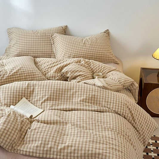 EAVD Vintage Style Brown&Beige Plaid Duvet Cover Twin Soft 100% Washed Cotton Chic Checkered Gingham Bedding Set with 2 Pillowcases Farmhouse Brown Gingham Duvet Cover with Zipper Closure