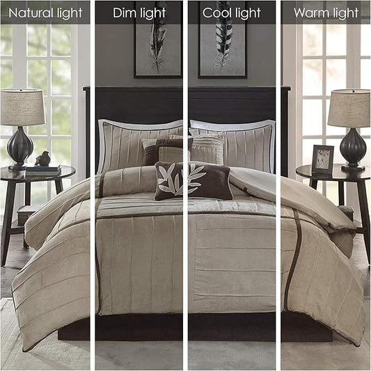 Madison Park Cozy Comforter Set Casual Blocks Design All Season, Matching Bed Skirt, Decorative Pillows, King(104"x92"), Dune Suede, Beige Brown, 7 Piece