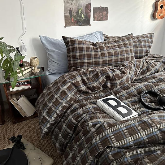 mixinni Vintage Blue & Brown Buffalo Plaid Comforter Set King Size - 3-Piece Washed Cotton Soft Geometric Checkered Pattern Bedding Set for All-Seasons Lightweight & Breathable-King Size