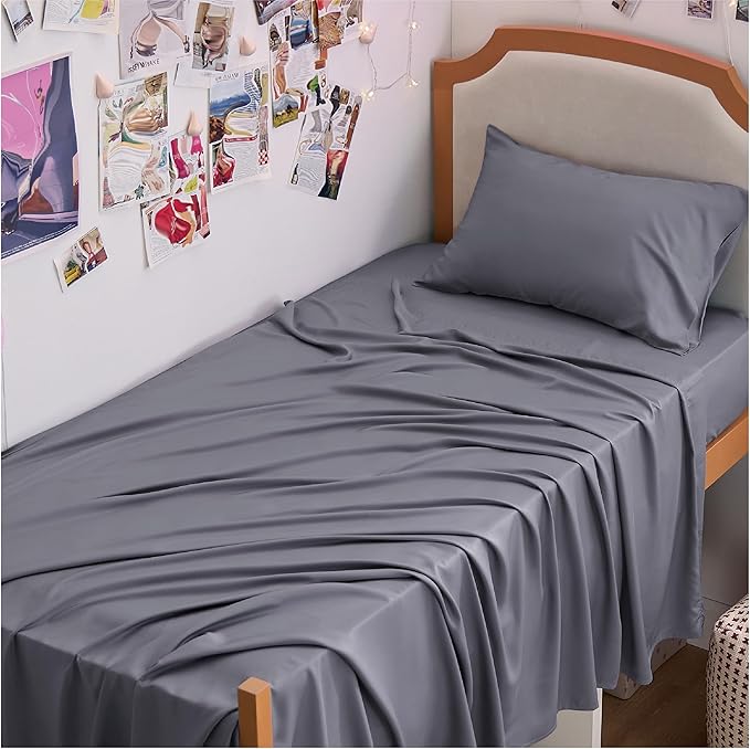 Bedsure Cooling Sheets Twin XL, Rayon Derived from Bamboo, PureWoven, Breathable & Soft Twin XL Sheet Sets, Deep Pocket Up to 16", Hotel Luxury Silky Dorm Bedding for Hot Sleepers, Dark Grey