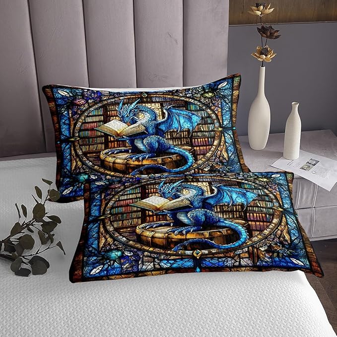 Western Dragon Kids Bedspread Queen Size,Blue Dragon Reading Book Bookshelf Coverlet Set,Boys Girls Room Decor,Geometric Patchwork Abstract Quilted Coverlet,Trippy Chic Bedding Quilt,2 Pillowcases