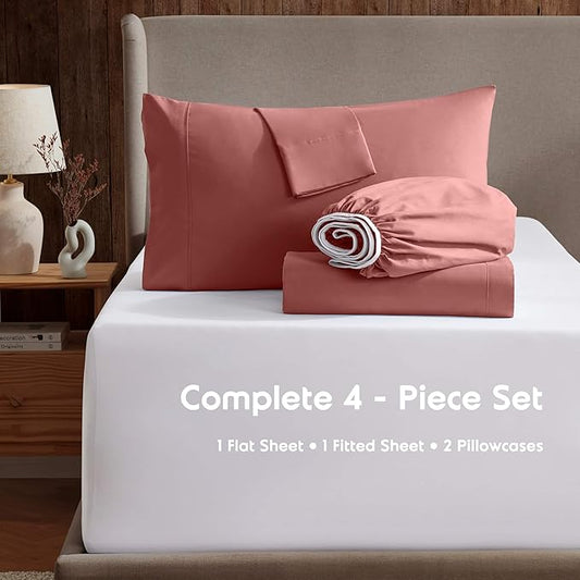 Nestl Luxury 1800 Ultra-Soft Microfiber Full Bed Sheets - Double Brushed - Deep Pockets - Easy Fit - 4 Piece Set - Bedding Sheets & Pillowcases (Full, Pink Clay)