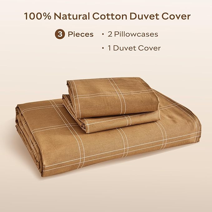 JELLYMONI 100% Natural Cotton Queen Duvet Cover Set, 3pcs Plaid Duvet Cover Sets with Zipper Closure, Grid Geometric Pattern Comforter Cover, Rust