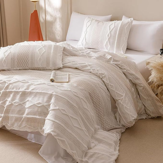 CLOTHKNOW Ivory Bohemian Full Size Comforter Set Clipped Jacquard Bedding Comforter Sets Soft Farmhouse Stripes Comforter with 2 x Pillow Cases