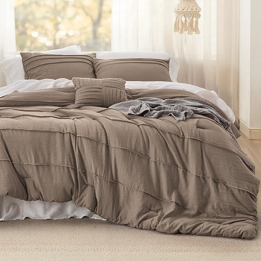 Bedsure Twin Comforter Set - 3 Pieces Pinch Pleat Bed Set, Brown Boho Bedding for All Season, 1 Soft Comforter, 1 Pillowcase, 1 Decorative Pillow