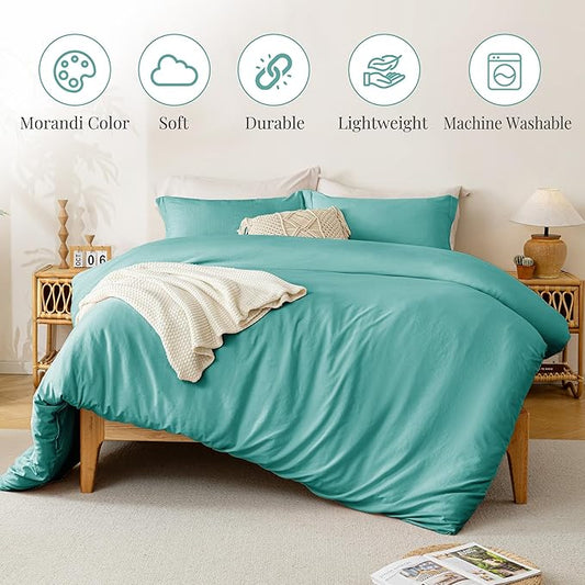 MILDLY Super Soft Duvet Cover - 100% Washed Microfiber Turquoise Comforter Cover Set 3 Pieces with Zipper Closure & Corner Ties (No Comforter)